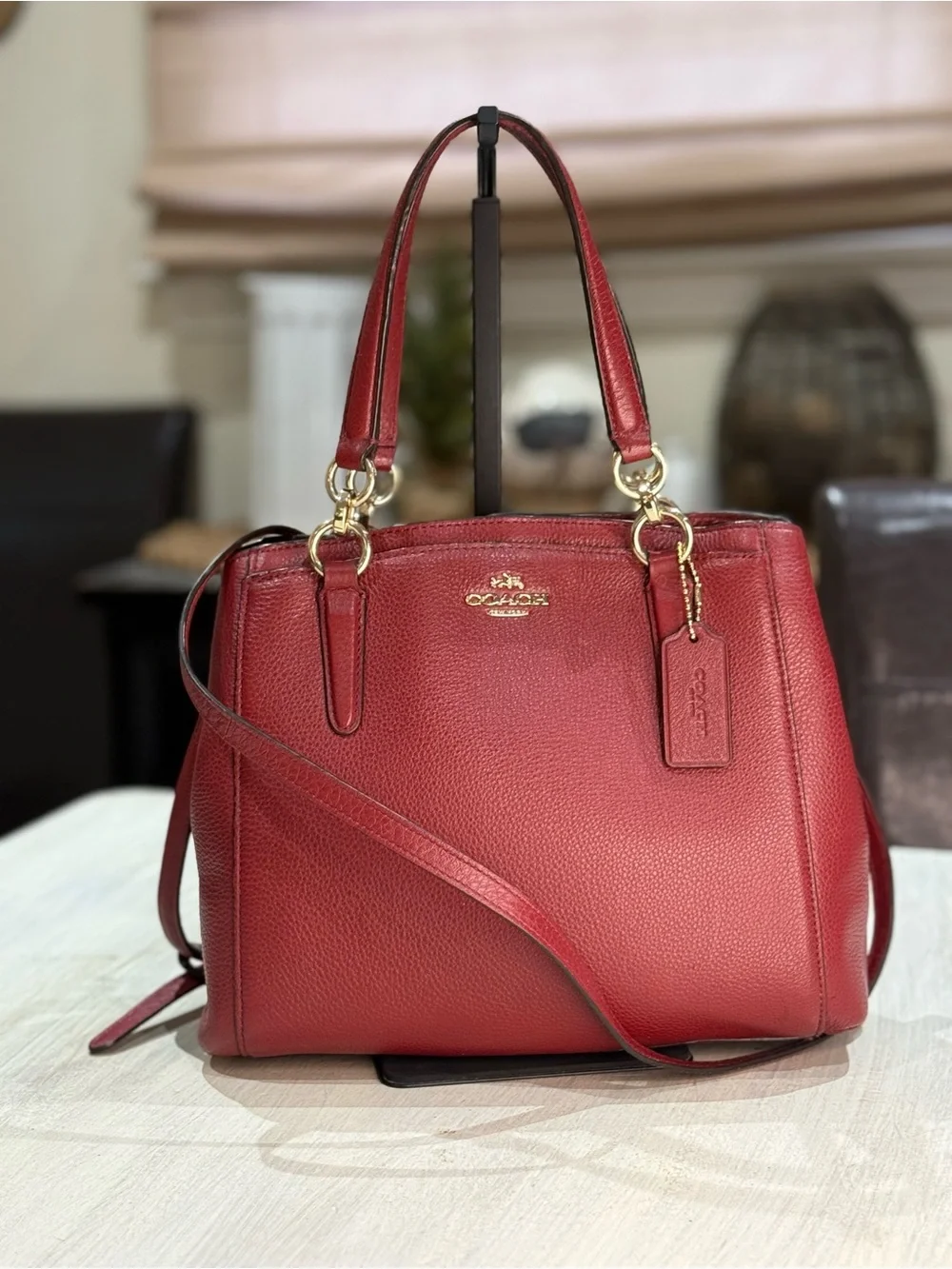Coach Christie Red Pebbled Leather Carryall Satchel with Gold Hardware-EUC